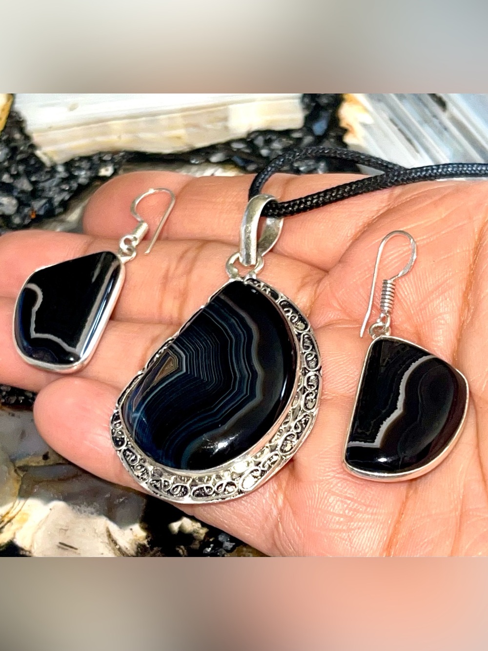Black Banded Botswana Agate Pendant & Earrings